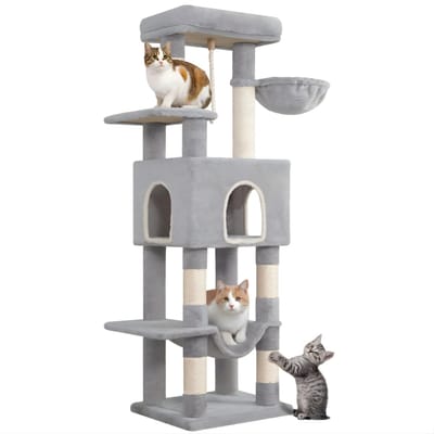 Krabpaal – Voor Katten – 149 cm Kattenboom met 5 Krabpalen, Grote Platforms, Schuilgrot en Speelballetjes – Lichtgrijs