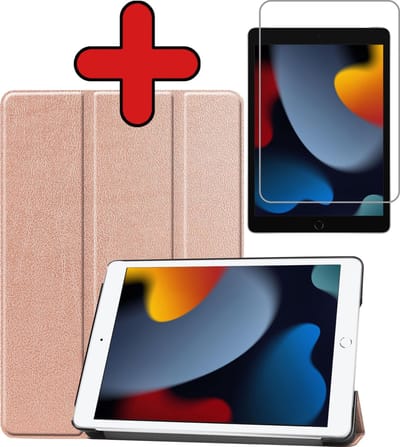 Hoesje - Geschikt voor Apple iPad 9 (2021) - 10.2 inch - 9e Generatie - Met Screenprotector - Hardcover Book Case - Trifold Bookcase Hoes - Hard Cover - Tablethoes - Rosé goud