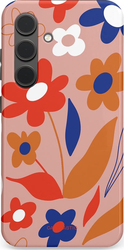 Casetastic hoesje geschikt voor Samsung Galaxy S24 - Dubbellaagse bescherming - Vormen in bloei - Fashion Case - Perzik Rood Donkerblauw