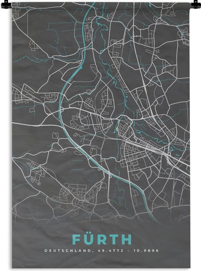 Wandkleed - Wanddoek - Stadskaart – Kaart – Fürth – Blauw – Duitsland – Plattegrond - 120x180 cm - Wandtapijt