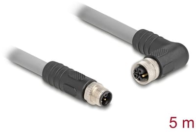 Delock M12 Cable L-coded 5 pin male straight to female right angled PUR suitable for drag chains 5 m grey