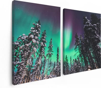 Artaza Canvas Schilderij Tweeluik Noorderlicht in de Bossen van Noorwegen - 120x80 - Foto Op Canvas - Canvas Print