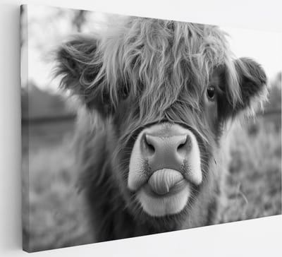 Saammp - Canvas Schilderij - Schotse Hooglander Kalf - Zwart-Wit - Dieren - Landschap - 30x20 - Foto op canvas - Wanddecoratie - muurdecoratie Woonkamer - Slaapkamer decoratie - Canvas Print