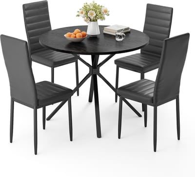 Xbro Eetkamerset met 4 Eetkamerstoelen, Eettafel en Stoelen van leer, geschikt voor 4 personen, Moderne Eetkamer Stoelen Set met ronde tafel, voor woonkamer, eetkamer en kantoor, Zwart