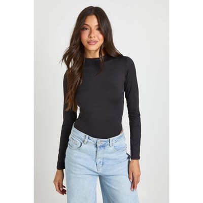 boohoo Dames Second Skin Bodysuit Met Ronde Hals En Lange Mouwen | Black | Maat: 6