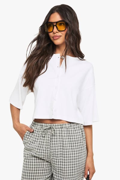 boohoo Dames Rib-button door nonchalante 3/4-mouw top | Wit | Maat: 36