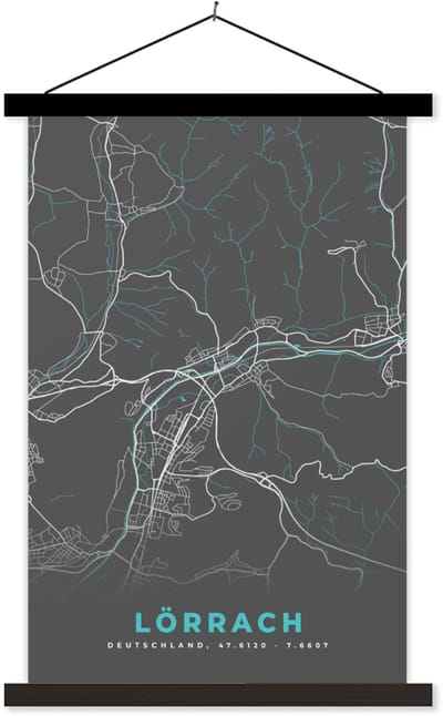 Posterhanger incl. Poster 40x60 cm - Schoolplaat - Duitsland – Blauw – Lörrach – Stadskaart – Kaart – Plattegrond - Textielposter - Zwarte latten - Stadskaart