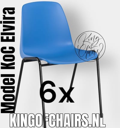 King of Chairs -set van 6- model KoC Elvira azuurblauw met zwart onderstel. Kantinestoel stapelstoel kuipstoel vergaderstoel tuinstoel kantine stoel stapel kantinestoelen stapelstoelen kuipstoelen stapelbare keukenstoel Helene eetkamerstoel