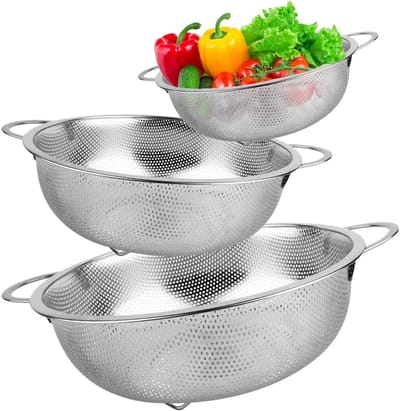 TOVBMUP 3 Stuks Keukenzeef Set - Nudelzeef Edelstalen Sieb - Microgeperforeerd met Dubbele Handvatten - Geschikt voor Pasta, Rijst en Groenten - Afmetingen 20x28x34 cm - Roestvrijstaal - Vaatwasserbestendig met Drie Stabiliteitsvoetjes