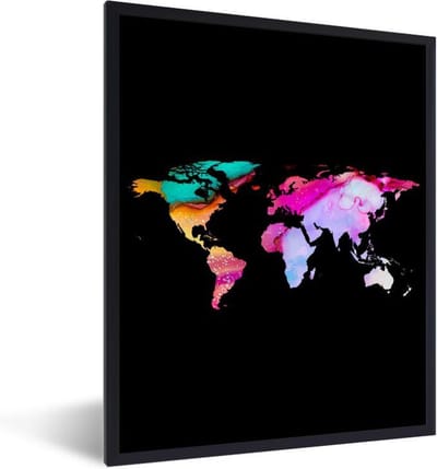 Poster in lijst - Fotolijst 60x80 cm - Posters - Wereldkaart - Regenboog - Waterverf - Posterlijst zwart - Decoratie - Wanddecoratie woonkamer - Muurdecoratie slaapkamer