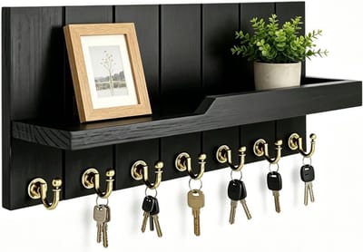 Moderne wandgarderobe met legplank en 7 haken, sleutelrek en wandorganizer voor hal, kantoor en keuken (zwart)