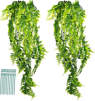 Kunstvarenplanten, 2 stuks, voor binnen en buiten, om op te hangen, met 10 donkergroene plantenbindingen voor woonkamer, tuin, slaapkamer