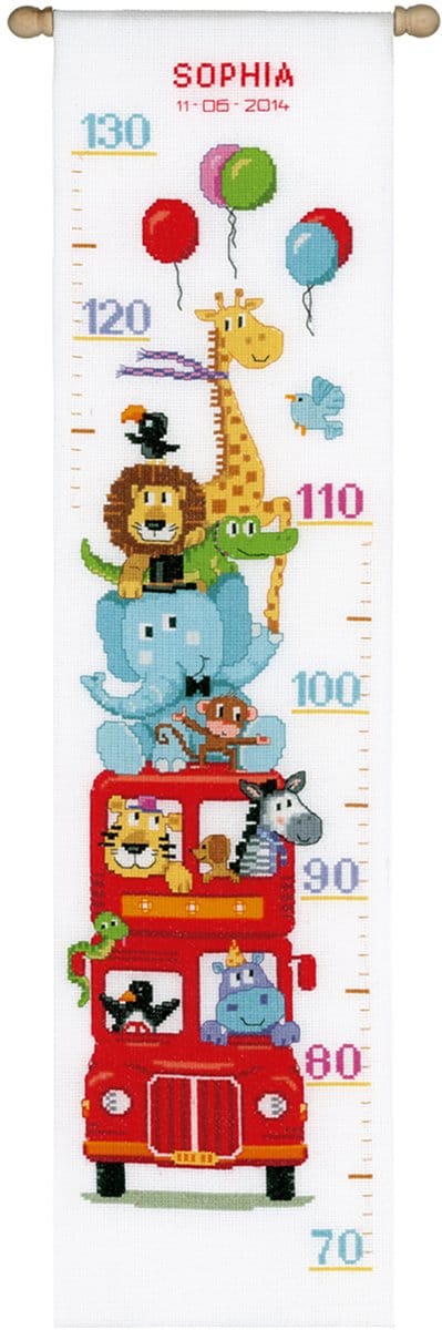 Vervaco - Telpakket kit - Geboorte - Groeimeter - Vrolijke dierenbende op uitstap - PN-0147792 - Borduren - Borduurpakket - Borduurpakket geboorte - Borduurpakket volwassenen