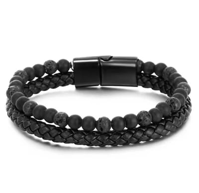 Actie4you® - Armband Heren - Kralensteen met Zwart Leer en RVS - 21 cm - Armbandje Mannen