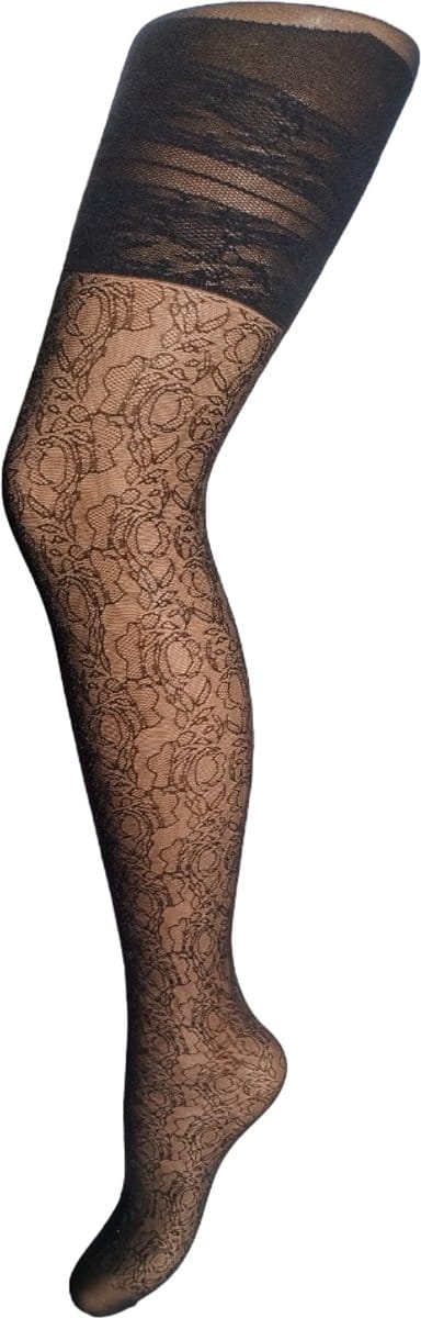 Bonnie Doon Grote Maten Panty Kant in Bloemen Motief Flower Lace Curvy Tights Zwart maat 44/46 XXL - Versteviging bovenbeen - Katoenen kruisje - Elegant voor Maatje meer - Kant in Bloem motief - Comfortabele Pasvorm - Black - BP241905.101