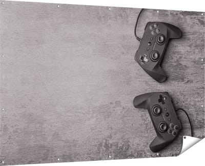Gards Tuinposter Twee Game Controllers op Tafel - Gaming - 180x120 cm - Tuindoek - Tuindecoratie - Wanddecoratie buiten - Tuinschilderij