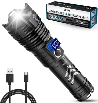 Vesfy LED Zaklamp Oplaadbaar - 10.000 Lumen - 5 Lichtstanden - Militaire Zaklamp - IPX6 Waterdicht - Voor Noodpakket & Camping