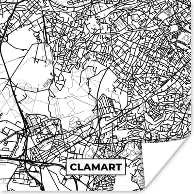 Poster Kaart - Plattegrond - Frankrijk - Clamart - Stadskaart - Zwart wit - 100x100 cm XXL