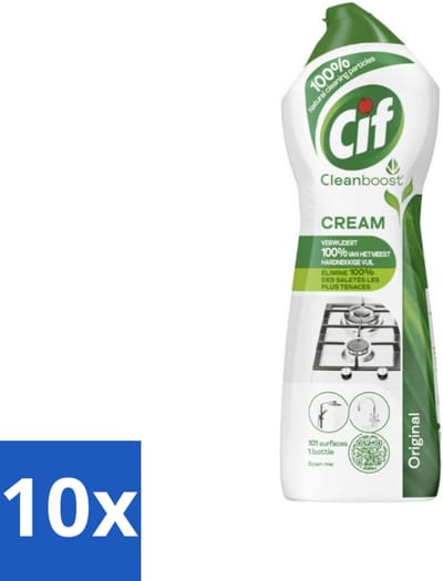 10 x Cif Cleanboost - Original - Poetsmiddel - 750 ml - Schoonmaakmiddel - Reinigingscrème - Hardnekkig Vuil - Vlekken Verwijderen - Streepvrij