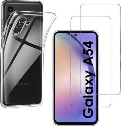 Hoesje Ultraslank geschikt voor Galaxy a54 backcover siliconen Transparant en 2 stuks ScreenProtector Gehard Glas