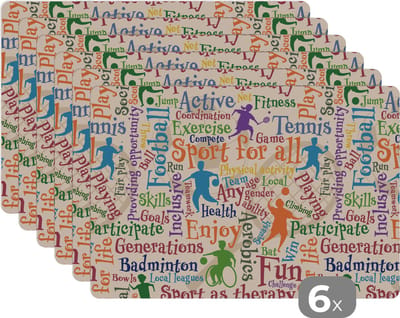 Placemat - Placemats kunststof - Patroon - Sport - Alfabet - Quotes - 45x30 cm - 6 stuks - Hittebestendig - Anti-Slip - Onderlegger - Afneembaar
