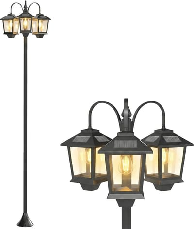 Innovastore Lantaarn - Tuinstraatlantaarn - Lantaarn op zonne-energie - Automatische sensor - 3 koppen - 12 uur licht - Zwart