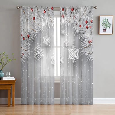 Kerst Pijnboomnaalden Sneeuwvlokken Houtnerf Transparante Gordijnen Woonkamer Decoratie Raamgordijnen Keuken Tule Voile Gordijnen W135 x H115cm x1 gray
