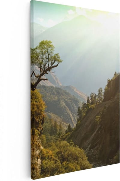 Artaza Canvas Schilderij Bergen - 80x120 cm - Groot - Wanddecoratie Landschap - Muurdecoratie Bos - Decoratie Zonsondergang