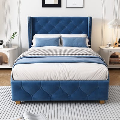 STILVORA Gestoffeerd bed 90x200cm – Eenpersoonsbed Met Knoptufting En Nieten – Met Lattenbodem Voor Slaapkamer/Jeugd – Fluweel – Blauw – Zonder matras