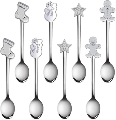 Roestvrijstalen lepels set koffie dessert theelepels kerst metalen lepels set 8 stuks met Xmas trekkoord tas