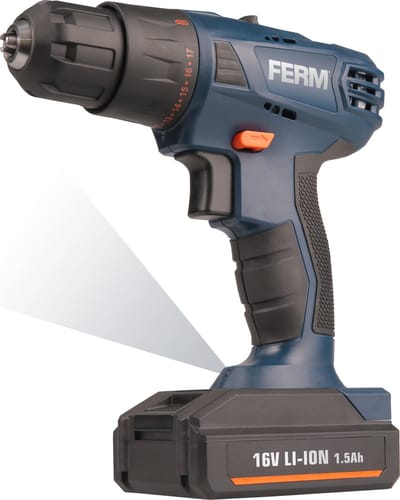 FERM - CDM1134 - Accuschroefboormachine - 16V - 1.5Ah - Li-Ion - 23Nm koppel - 17 Slipkoppelingen - Snelspankop - 10mm - LED werklamp - 2 Snelheden - Variabele snelheidsregeling - Soft grip - Opbergkoffer - Inclusief - Snellader - Schroefbit