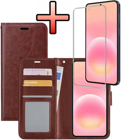 Hoesje - Met Screenprotector - Geschikt voor Samsung Galaxy A57 - Luxe Pasjeshouder - Bookcase Portemonee - Flip Case - Kunstleer Book Case - Flipcase - Book Cover - Walletcase - Portemonneehoes - Bruin