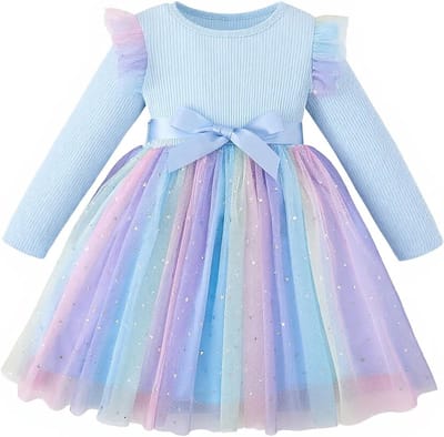 Kleurrijke Regenboogjurk voor Meisjes met Ruffles en Lange Mouwen, Pailletten en Tule Rok voor Kinderen van 1-6 Jaar