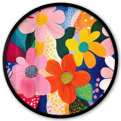 Poster in lijst Rond - Fotolijst 40x40 cm - Posters - Bloemen - Kleurrijk - Stippen - Ronde posterlijst zwart - Decoratie - Wanddecoratie woonkamer - Muurdecoratie slaapkamer