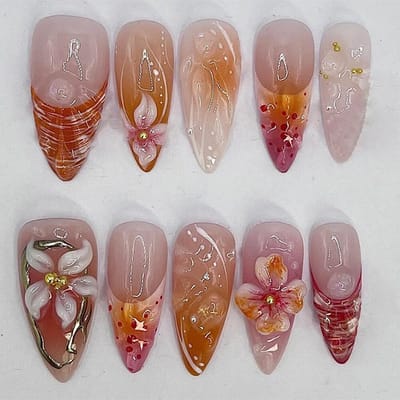 Dailygoods- Nagelstickers 3D oranjebloemen - Kunstnagels middelgrote amandelvorm - French tip - 30 stuks - Gelei-gel en nagelvijl - Glanzende afwerking