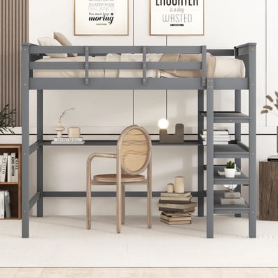 Wishdor – Hoogslaper 140x200 cm – Met Bureau & Opbergvakken – Minimalistisch Design – Creëert Ruimte – Grenen & MDF – Grijs