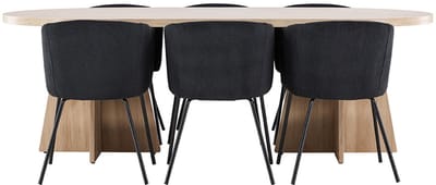 Bootcut eethoek tafel 115x230cm en 6 fluwelen stoelen met armleuningen naturel.
