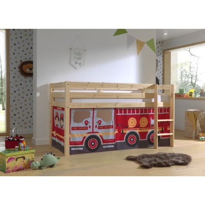 LUCEVI - Pino Halfhoogslaper H115CM + Ladder + Fire Truck Gordijntjes - Bruin - 90x200 cm