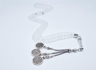 Handgemaakte tesbih "Tasbih" natuursteen "Selenite" - Aantal kralen 99 - Diameter kralen 8MM - met metaal tassel "Qustantinia" - Een mooi cadeau-idee
