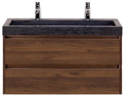 Dante Badmeubelset 100 cm - Walnoot - Wastafel Hardsteen Wit Lucca 2 Kraangaten