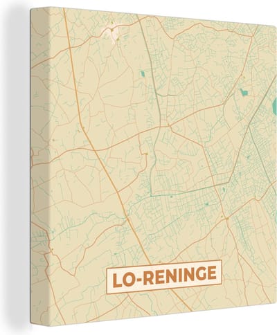 Canvas Schilderij Stadskaart - Plattegrond - Kaart - Vintage - Lo-Reninge - 20x20 cm - Wanddecoratie