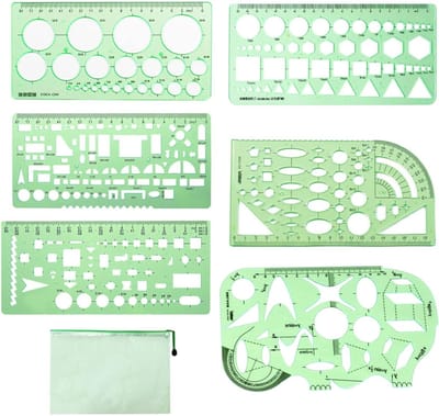 Set van 6 Geometrische Sjablonen voor Tekenen en Schilderen - Transparant Plastic met Diverse Vormen voor Architectuur en Schoolgebruik - Inclusief A5 Opbergetui