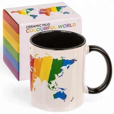 Cosensi- Koffiemok 325 ml - Steengoed - Vaatwasmachinebestendig - Regenboogwereldkaart - LGBTQ+ Pride-design - Voor reisliefhebbers - Beker