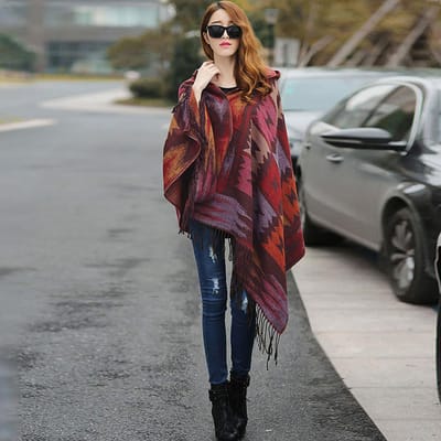 Vintage Dames Herfst Capuchon Mantel Geometrische Gesp Kwast Warme Boheemse Casual Poncho One Size gray
