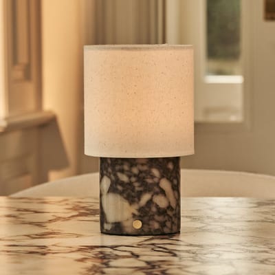 Tavellio Dou Oplaadbare Tafellamp – Calacatta Viola Marmer en Linnenkap – Tot 100 uur