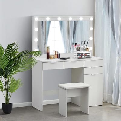 Slaapkamer Kaptafel met LED Spiegel en Kruk - Wit - 4 Laden en Kast - Modern Design