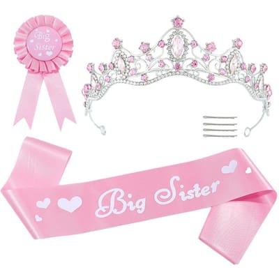 Lint Badge Kroon Driedelige Set Roze Hoofddeksel Baby Welkomstfeest Meisjes Outfit average size