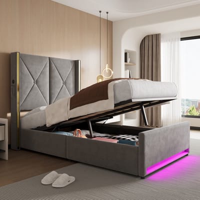 OKWISH Gestoffeerd Bed 90x200 cm - Met USB-C en Ledverlichting - Hydraulische Opbergruimte - Zonder Matras - Fluweel - Donkergrijs