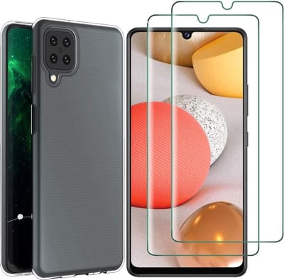 Soft Back Cover Hoesje Geschikt voor: Samsung Galaxy A12 Transparant TPU Siliconen Soft Case + 2X Tempered Glass Screenprotector