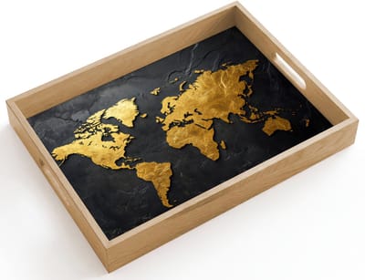 Dienblad hout 40x30 cm - Schootdienblad - Wereldkaart - Goud - Steen - Borrelplank rechthoek - Plateau dienbladen